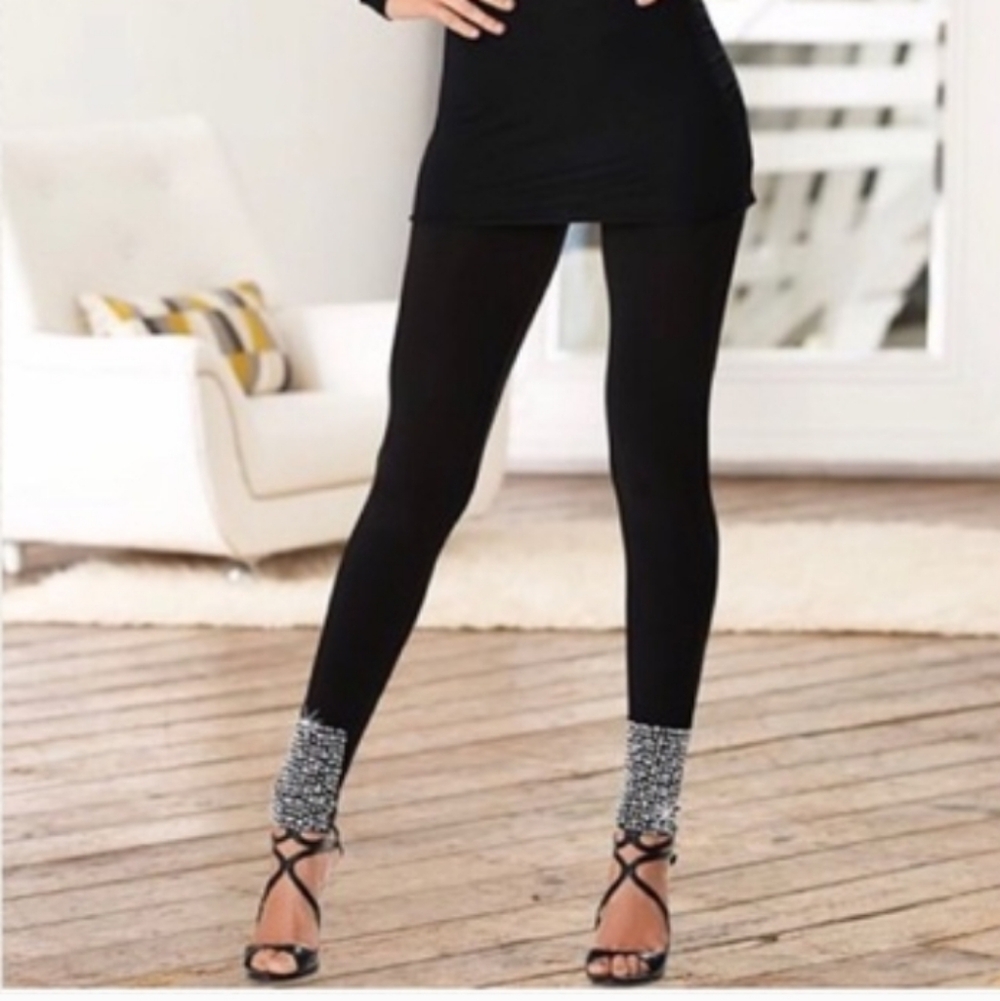 Venus Black Elastic Waist Leggings with Rhinestone Cuffs Size Medium